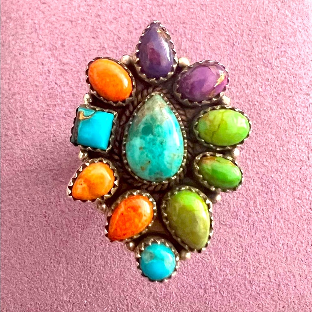 Vintage Sterling Silver Coloured Turquoise and Spiny Oyster Cluster Ring